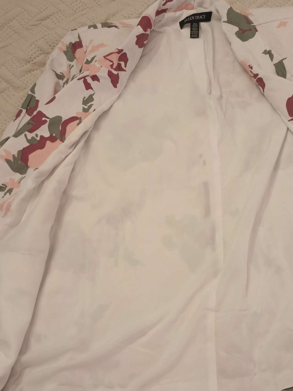 Ellen Tracy Floral Tie-Sleeve Blazer Jacket Linen White with Pink & Olive M - Picture 8 of 9